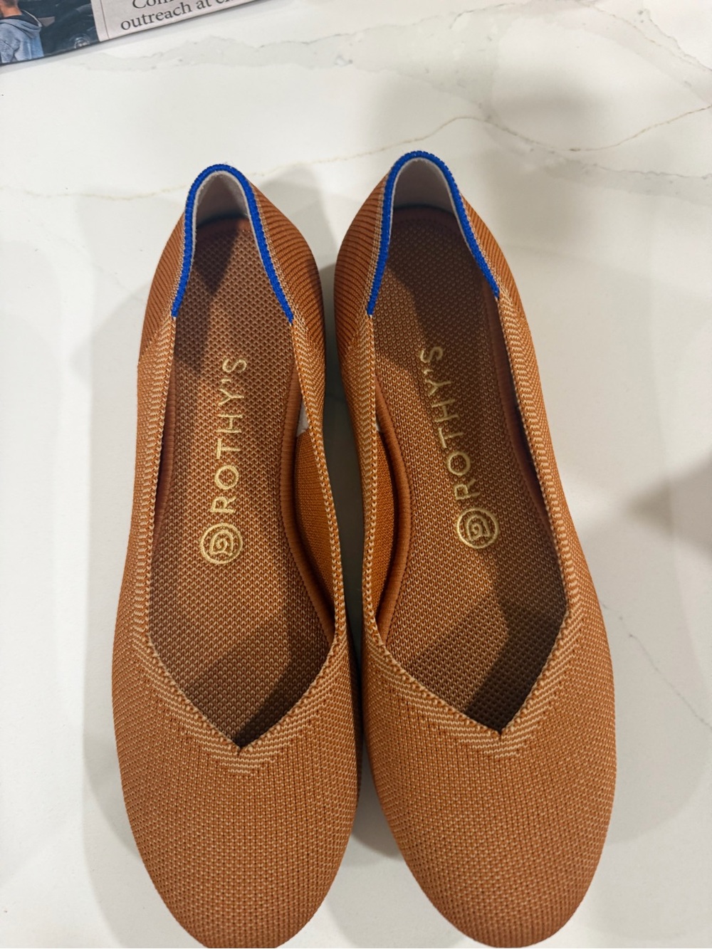 Rothy's Caramel Knit Flats with Blue Trim